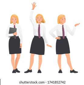 Student, pupil, high school girl in uniform. Poses Set on white background. Relaxed pose with book / tablet / laptop. Winning pose with arm up. Flat vector illustration