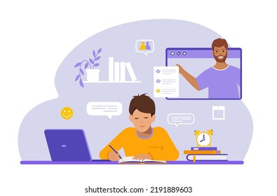 Student, pupil in learning process, Online education, home schooling. Students sit at the table and study, do homework and read a book, prepare for the exam.