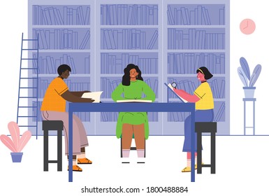 Student and pupil reading book at library