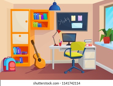 Student or pupil room. Workplace in room. Vector cartoon volumetric illustration.