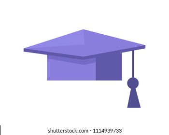 Student purple graduation cap closeup, hat symbolizing end of education and obtaining masters or bachelors degrees isolated on vector illustration