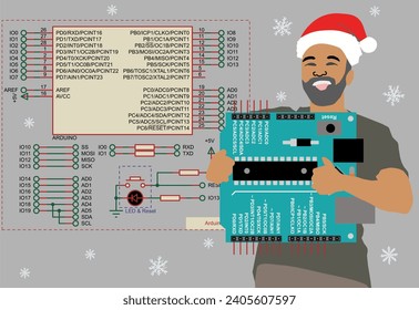 Student radio engineer in santa claus hat on background of arduino electrical circuit holds in his hands arduino electronic circuit board running under control of cpu. Vector christmas illustration.
