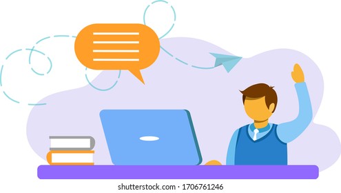 
Student raised his hand during online training through a laptop. Webinar and online education courses. Stay home. Social distance. Flat vector illustration.
