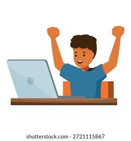 Estudiante levantando los brazos en emoción mientras trabaja en la computadora portátil, celebrando el éxito y el logro en la educación