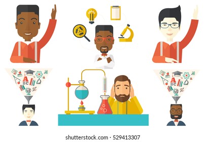 Student raising hand for an answer. Student sitting at the desk with raised hand. Student carrying out experiment in laboratory. Set of vector flat design illustrations isolated on white background.