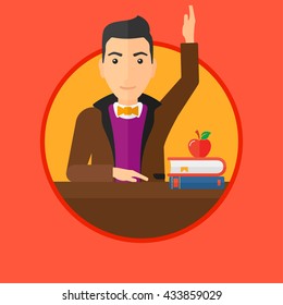 Student raising hand in the classroom for an answer. Student sitting at the table with raised hand. Vector flat design illustration in the circle isolated on background.