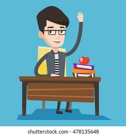 Student raising hand in the classroom for an answer. Happy student sitting at the desk with raised hand. Clever schoolboy raising his hand at lesson. Vector flat design illustration. Square layout.