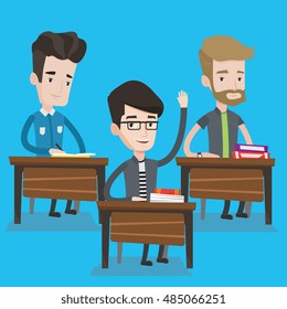 Estudiante levantando la mano en el aula para obtener una respuesta. Feliz estudiante sentado en el escritorio con la mano levantada. Escolar inteligente levantando la mano en la lección. Ilustración de diseño plana vectorial. Diseño cuadrado.