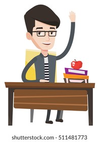 Student raising hand in the classroom for an answer. Sudent sitting at the desk with raised hand. Happy schoolboy raising hand at lesson. Vector flat design illustration isolated on white background.