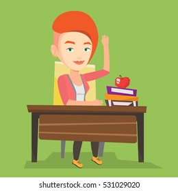 Estudiante levantando la mano en el aula para obtener una respuesta. Estudiante caucásico sentado en el escritorio con la mano levantada. Una estudiante inteligente levantando la mano en la lección. Ilustración de diseño plana vectorial. Diseño cuadrado.