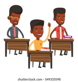 Student raising hand in the classroom for an answer. Student sitting at the desk with raised hand. Schoolboy raising his hand at lesson. Vector flat design illustration isolated on white background.