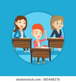 Schüler, die im Klassenzimmer Hand für eine Antwort heben. Student saß mit erhöhter Hand am Schreibtisch. Studierende, die im Unterricht die Hand heben. Vektorflache Design-Illustration im Kreis einzeln auf Hintergrund.