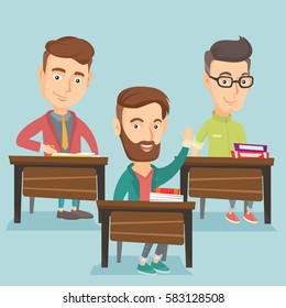 Student raising hand in the classroom for an answer. Happy student sitting at the desk with raised hand. Clever student raising his hand at lesson. Vector flat design illustration. Square layout.