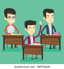 Student raising hand in the classroom for an answer. Happy student sitting at the desk with raised hand. Clever student raising his hand at lesson. Vector flat design illustration. Square layout.