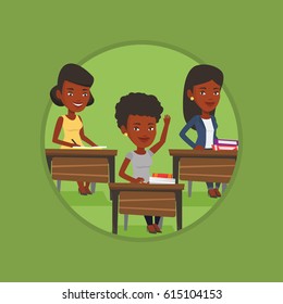 Student raising hand in the classroom for an answer. Student sitting at the desk with raised hand. Student raising hand at lesson. Vector flat design illustration in the circle isolated on background.