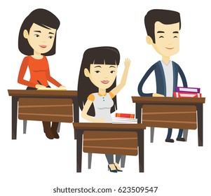 Schüler, die im Klassenzimmer Hand für eine Antwort heben. Student saß mit erhöhter Hand am Schreibtisch. Kluge Schüler, die in der Unterrichtsstunde die Hand heben. Vektorgrafik mit flachem Design, einzeln auf weißem Hintergrund.