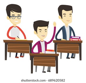 Student raising hand in the classroom for an answer. Student sitting at the desk with raised hand. Clever student raising hand at lesson. Vector flat design illustration isolated on white background.