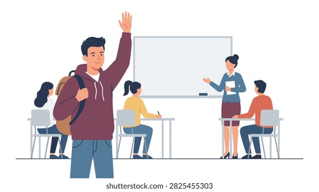 Student raising hand confidently in classroom vector illustration 2