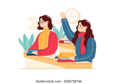 Student raising his hand to ask a question during a class at the lecture hall Illustration concept