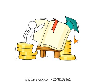 Student read book on stack of coins with graduation cap. Concept of scholarship, university grant, payment for tuition, education. Vector doodle illustration of studying man and money on books stack