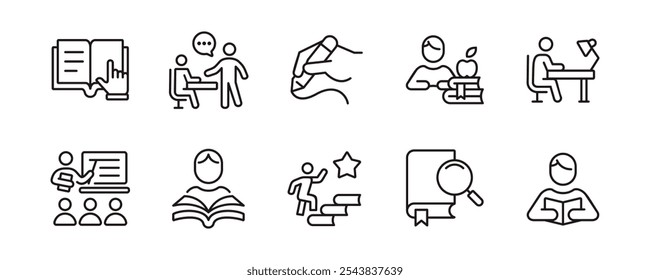 student read and learn outline study icon set education online learning course reading book research line signs vector illustration