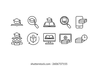 student read and learn. Suitable for educational materials, websites, and apps, these icons illustrate various modern methods of online learning and study.