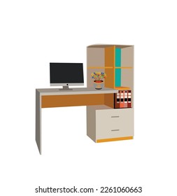 Student read table of  sitting at home. Bookshelfs, work desk, chair, fashion table , vector white background. Laptop with  work desk, bookshelf on  with and computer table style vector illustration.