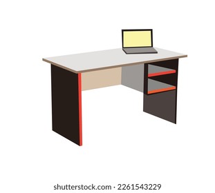 Los estudiantes leen la mesa de estar sentados en casa. estanterías, escritorio, silla, mesa de moda, fondo blanco vectorial. Portátil con escritorio de trabajo, estantería encendida con e ilustración vectorial de estilo de tabla de computadora.