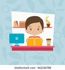 Student reading a book. Boy studying. Vector cartoon illustration