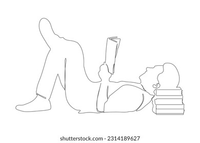 A student reading book continuous line art drawing. a boy sitting and reading a book. a boy read many books line art.