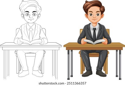 A student reading a book at a desk