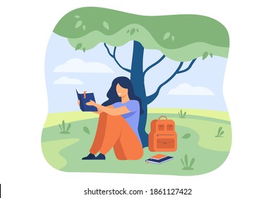 Student reading book or doing her homework outdoors. Girl sitting on grass at tree with textbook and backpack. Vector illustration for college campus, studying at school, knowledge concept