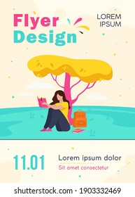 Student reading book or doing her homework outdoors. Girl sitting on grass at tree with textbook and backpack. Vector illustration for college campus, studying at school, knowledge concept