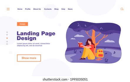 Student reading book or doing her homework outdoors. Girl sitting on grass at tree with textbook and backpack. Vector illustration for college campus, studying at school, knowledge concept