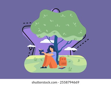 Student reading book or doing her homework outdoors. Girl sitting on grass at tree with textbook and backpack. Vector illustration for college campus, studying at school, knowledge concept