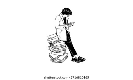 Student Reading Book Illustration, Learning and Knowledge Concept with Copy Space