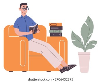 Estudiante leyendo libro. Hombre inteligente se sienta en el sillón