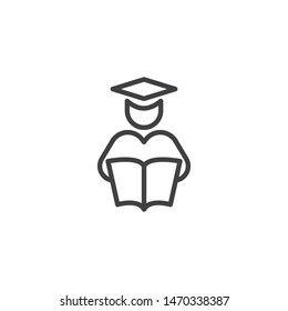 Student reading book line icon. linear style sign for mobile concept and web design. Graduate man with book outline vector icon. Education symbol, logo illustration. Vector graphics