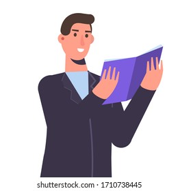 Estudiante leyendo libro, preparándose para el examen. El concepto de amante de los libros. Ilustración vectorial