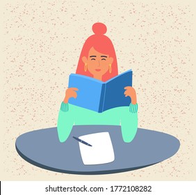 A student is reading a book, preparing for exams or a school test at the University.A young girl is holding a textbook. A teenager is studying a textbook. Vector flat illustration in cartoon style