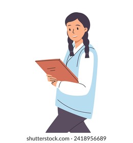 Student reading book. School girl in eyewear studying academic literature. Smart pupil with textbook in hands. Reader in glasses. Flat vector illustration of learner isolated on white background
