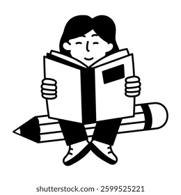 A student reading a book sitting on a pencil, hand drawn illustration 
