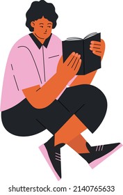 Student reading book. Sitting person character studying