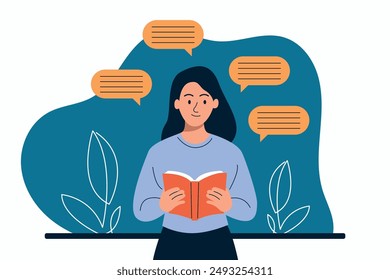 Student Reading Book, Studying Grammar and Academic Literature - Learner Character with Speech Bubbles - Flat Vector Illustration Isolated on White Background