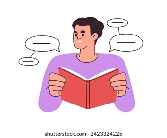 Student reading book, studying. Learner character learning grammar, academic literature, textbook in hands. Education, knowledge concept. Flat vector illustration isolated on white background