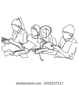 Student reading a book. Three people sitting on the floor in a continuous line drawing
