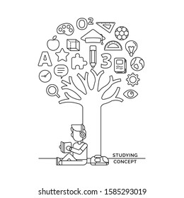 student reading book under the knowledge icon tree vector doodle art illustration for international education day poster background
