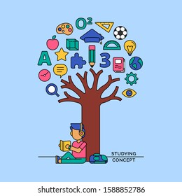 student reading book under the knowledge icon tree vector illustration for international education day poster background