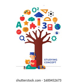 student reading book under the knowledge tree vector illustration for international education day poster background