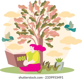 student reading book in unique style soft color vector illustration